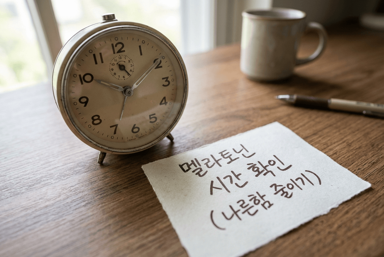 멜라토닌 부작용인 멍함을 줄이기 위해 복용 시간을 점검하는 시계와 메모