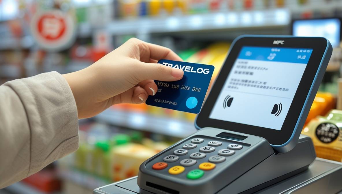 본의 한 상점 계산대에서 트래블로그 카드를 NFC 결제 단말기에 터치하여 결제하는 모습. &quot;ピッ(삑)&quot; 하는 효과음이 들리는 듯한 생생한 사진