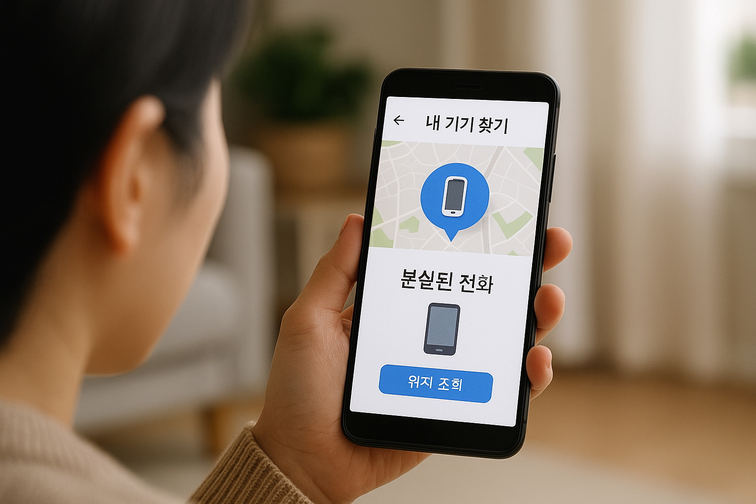 스마트폰을 찾기 위해 위치추적 앱을 실행 중인 사용자