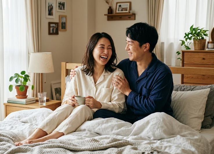 동양인 신혼부부 남녀가 침실에서 즐겁게 웃고 있는 이미지
