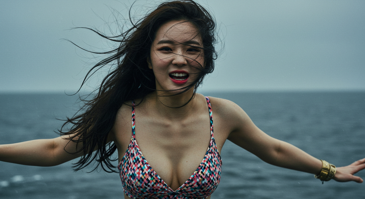 태풍에 힘겨워하는 여성