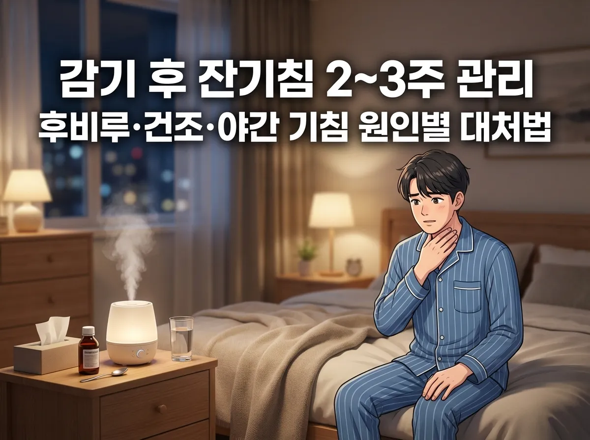 감기 후 잔기침 관리 방법을 설명하는 건강 전문가와 가습기가 있는 침실 야간 관리 이미지