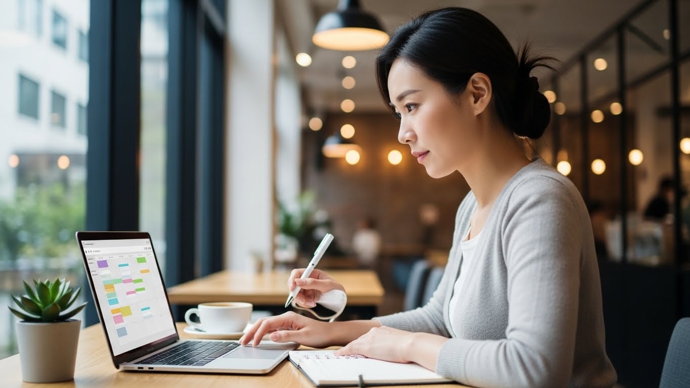 카페에서 노트북으로 타임 블로킹 스케줄을 계획하는 집중한 모습