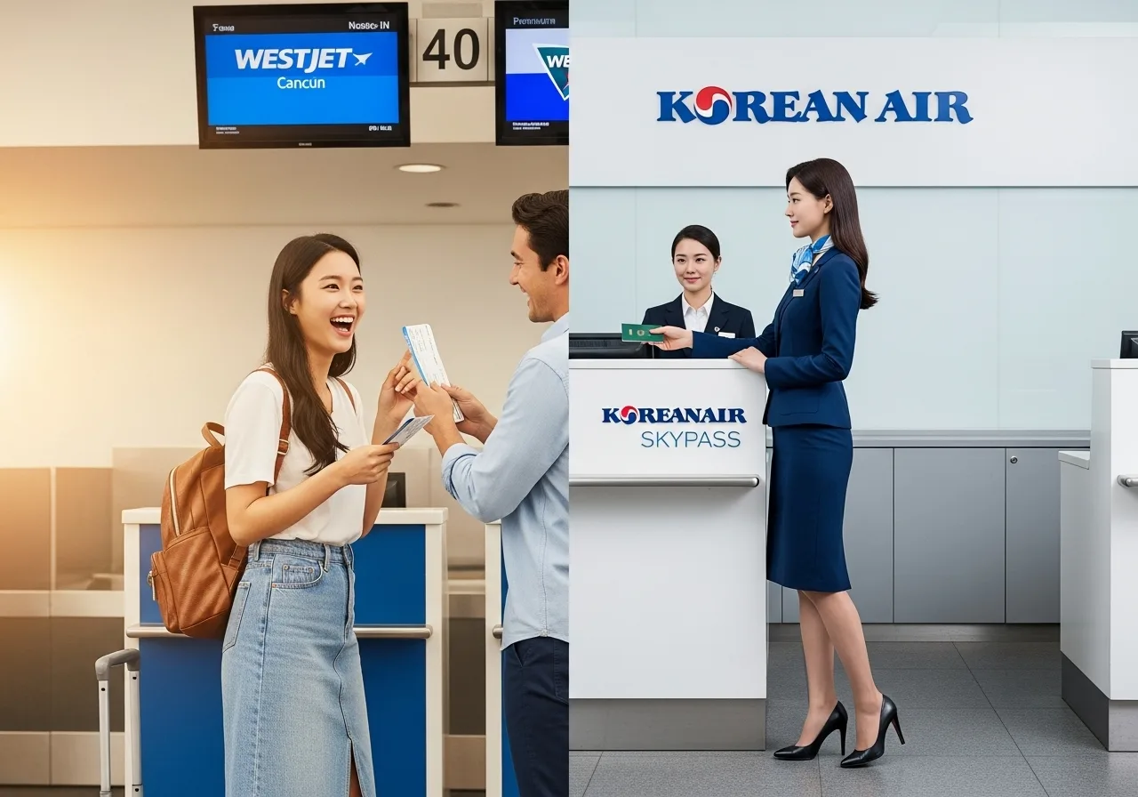왼쪽에는 젊은 여성이 웨스트젯 체크인 카운터에서 가족과 함께 즐겁게 웃고 있고, 오른쪽에는 정장 차림의 여성이 대한항공 프리미엄 카운터에서 전문적인 모습으로 서 있다