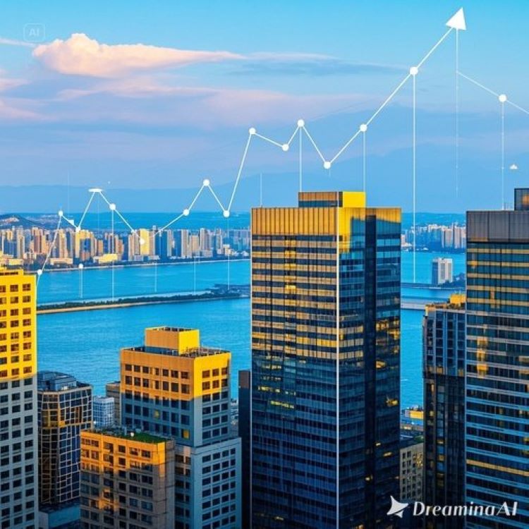 서울 강남의 고층 아파트와 한강 전경, 배경에 상승 그래프. 파란색과 금색 톤으로 안정감과 성장 강조.