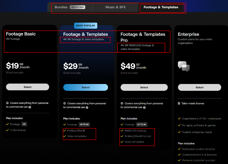 Footage &amp; Templates 플랜