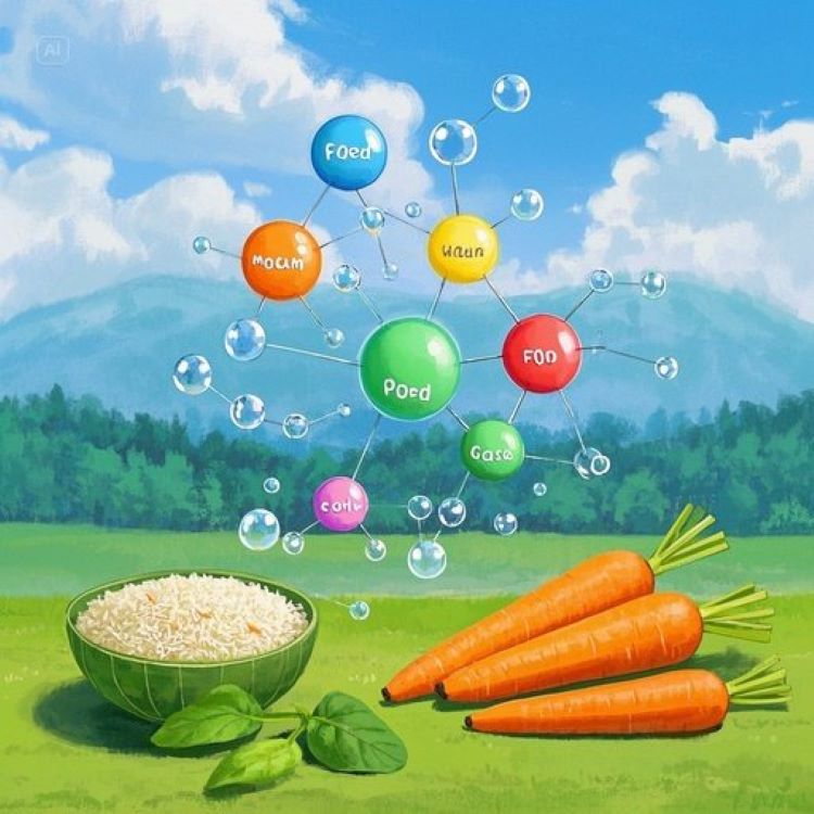 투명한 장 모델 안에서 다양한 색깔의 FODMAP 분자들이 가스 방울을 형성하며 팽창하는 모습과, 반대편에는 저포드맵 식품들(쌀, 당근, 바나나, 시금치)이 평화롭게 배치된 대비적 구도. 배경은 차분한 녹색과 파란색 톤으로 치유와 건강함을 상징하며, 과학적 정확성과 희망적 메시지를 동시에 전달.