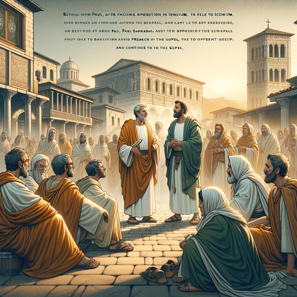 Here is the image depicting Paul and Barnabas in Lystra, continuing to preach the gospel after facing opposition in Iconium. They appear determined and peaceful as they speak to a group of people, set against the backdrop of an ancient town, capturing the essence of their mission and the historical context.