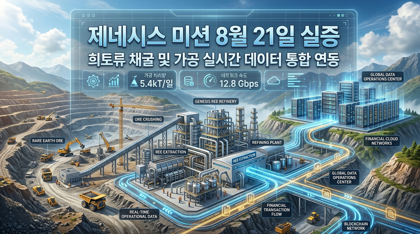 8월 21일 제네시스 미션의 정부 AI 첫 실증 타임라인 시한을 앞두고 탈중국 공급망 안보의 핵심인 미국 히토류 자원 광산과 첨단 인프라 유통망 위로 거대한 자본 수급 파이프라인이 연결되는 금융 일러스트