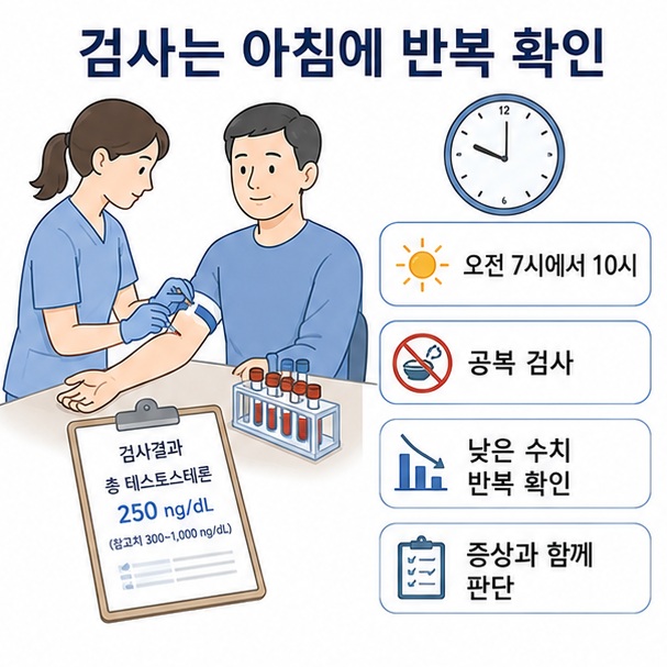 남성 갱년기 진단을 위해 오전 7시에서 10시 사이 공복 상태에서 테스토스테론을 반복 검사하는 과정을 표현한 이미지