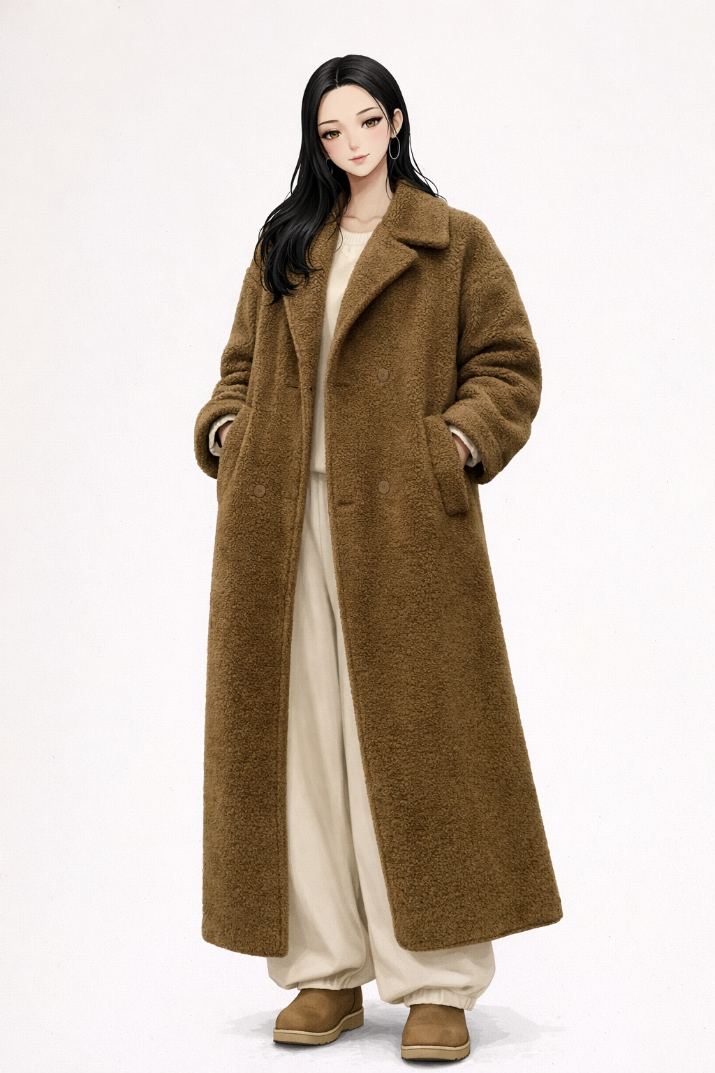 K-Fashion Long Fleece Coat With Ugg Boots And Warm Winter Style