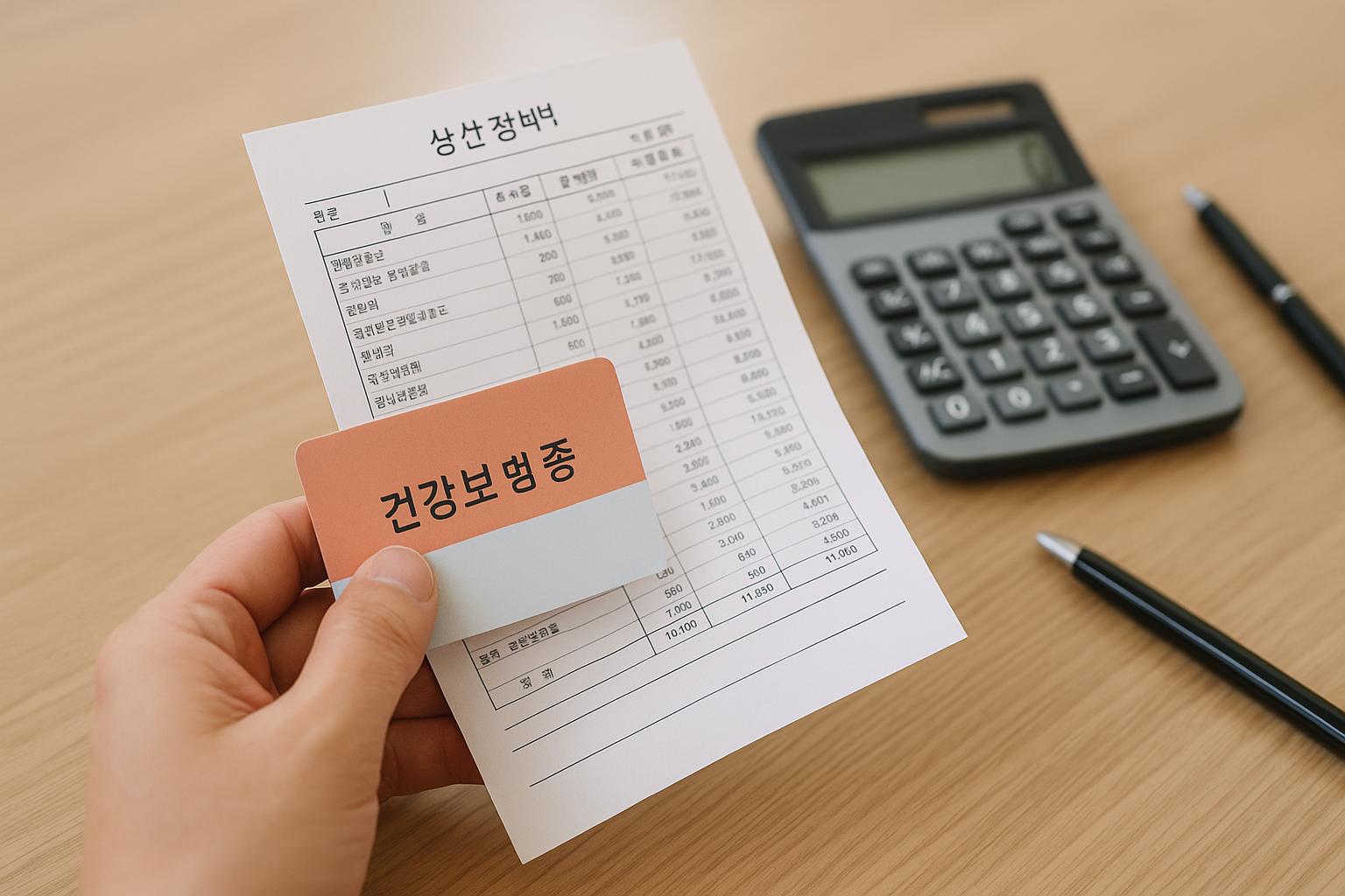 건강보험증과 진료비 세부내역서를 들고 계산기가 놓인 실사 사진 &mdash; 본인부담상한제&middot;산정특례&middot;재난적의료비 적용 후 실손보험은 마지막 1회 접수