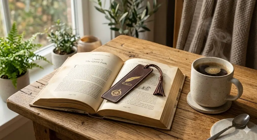 몰락의 아모르파티 책갈피가 꽂혀 있는 감성적인 페이지와 그 곁에 놓인 모락모락 김이 피어오르는 따뜻한 드립 커피