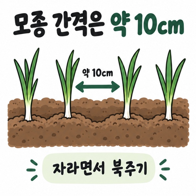 대파 모종을 약 10cm 간격으로 밭에 옮겨 심는 모습을 단순한 도식으로 보여주는 카드