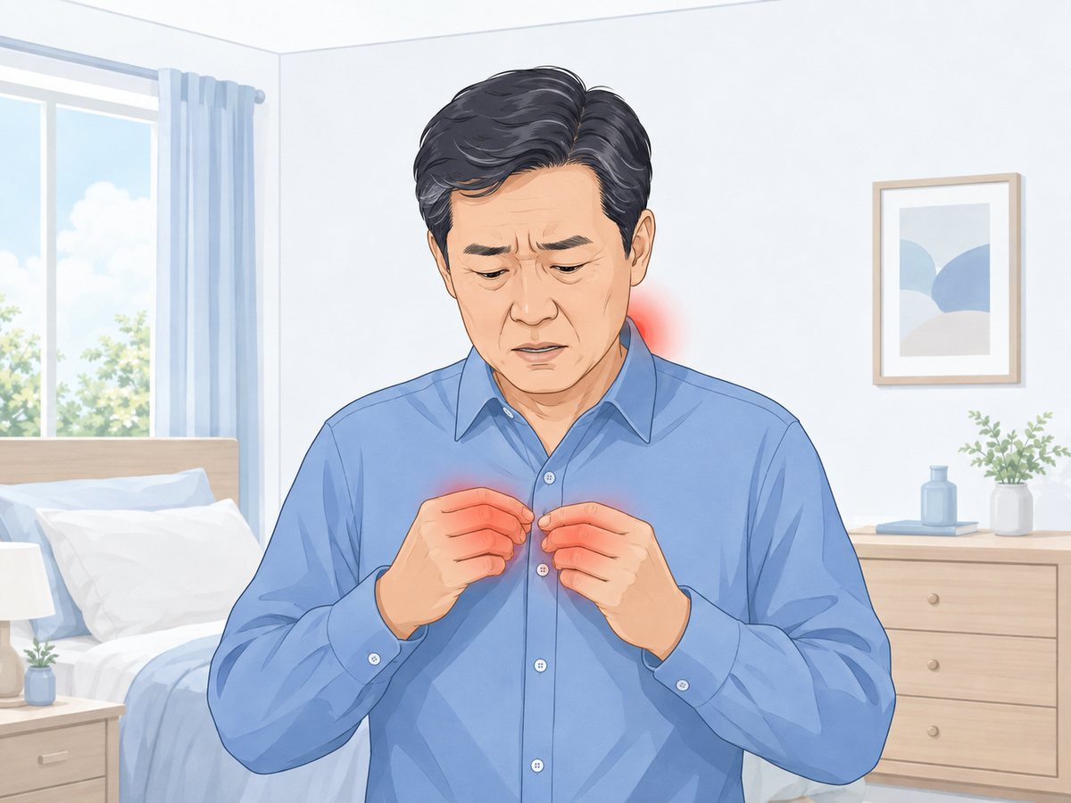 셔츠 단추를 잠그기 힘들어하는 중년 남성, 경추 척수증 손끝 동작 저하