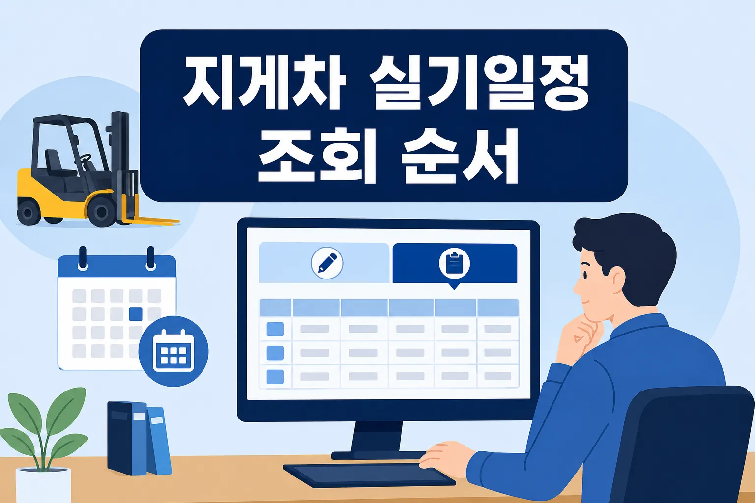 지게차운전기능사 실기시험 일정을 확인할 때 큐넷 화면과 달력 흐름을 기준으로 조회 순서를 이해하도록 안내한 썸네일 이미지