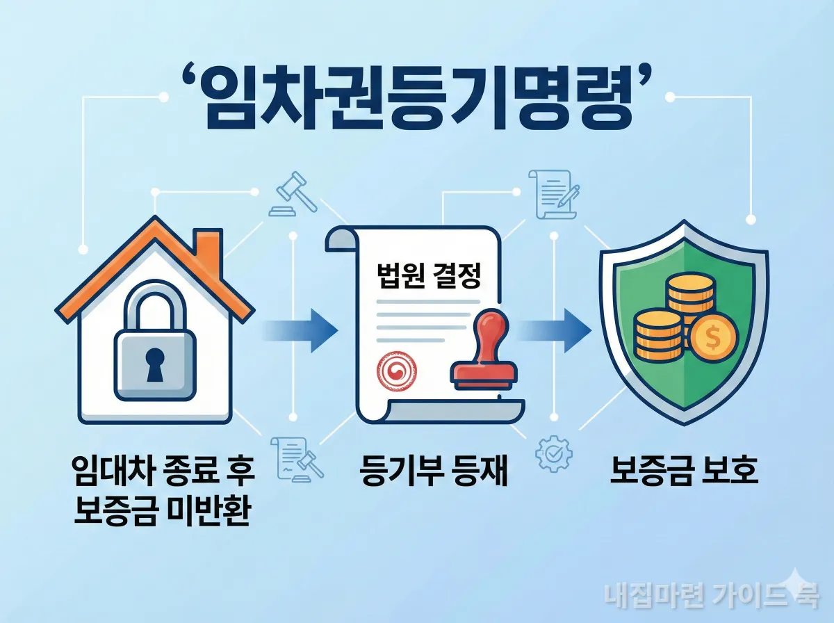 임차권등기명령 개념을 설명하는 인포그래픽, 집과 자물쇠 아이콘