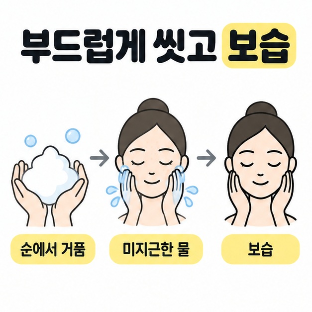 손에서 거품을 낸 뒤 미지근한 물로 씻고 보습하는 순서를 화살표로 연결한 이미지