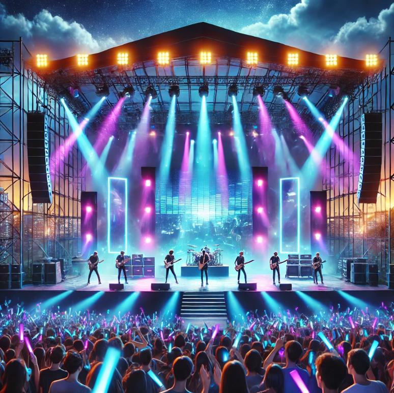 넓은 오픈 무대, 푸른 잔디 위에서 환호하는 관객들이 보이는 밴드 공연 무대