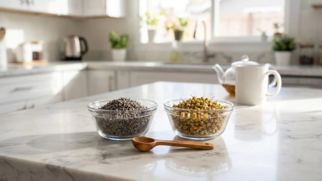 라벤더와 캐모마일 건조 허브가 유리 볼에 담겨 있는 블렌딩 준비 장면