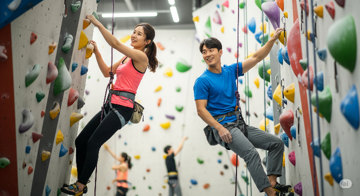 커플이 실내 암벽장에서 즐겁게 클라이밍하는 모습