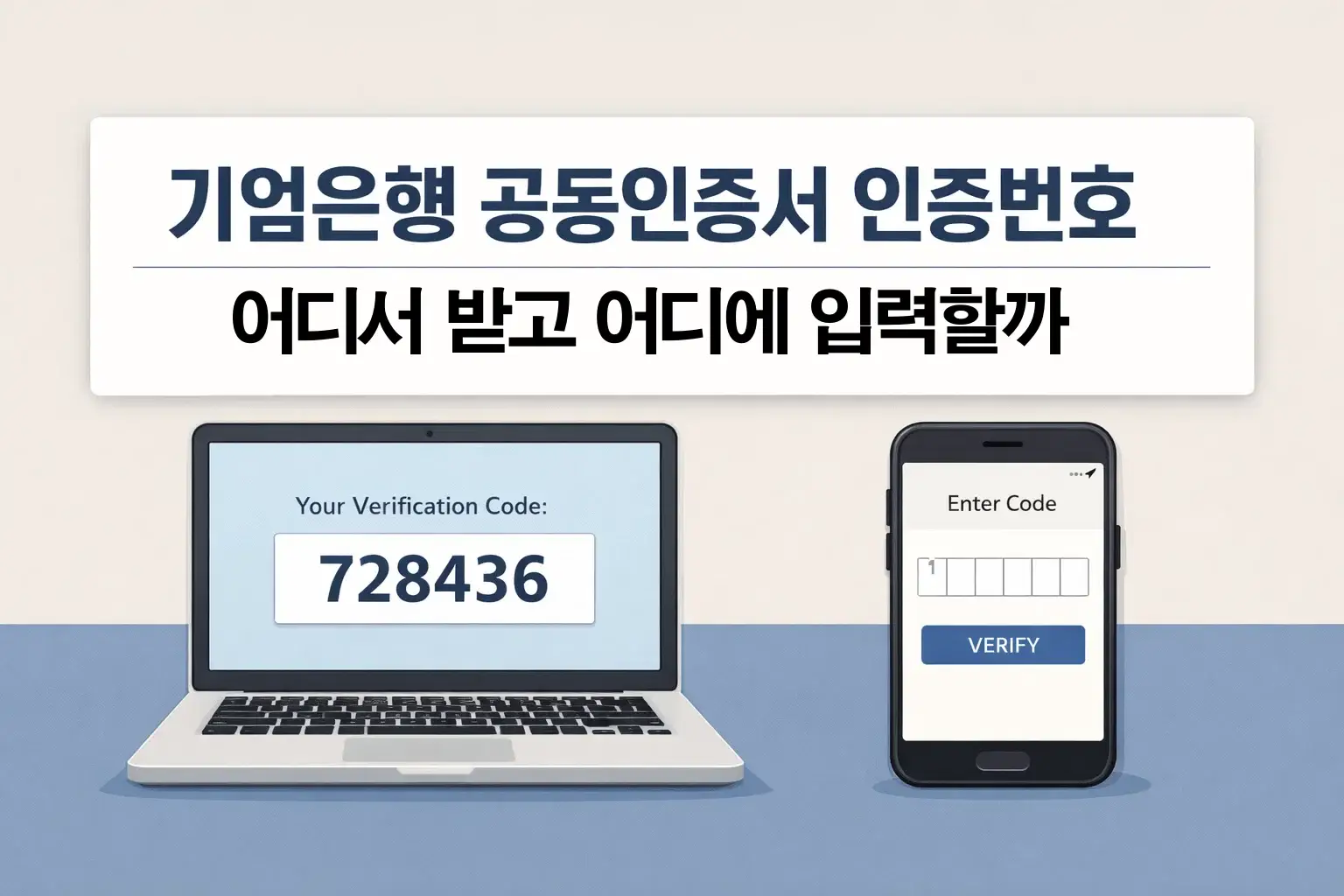 기업은행 공동인증서 인증번호 글의 전체 흐름을 보여주는 썸네일 이미지로 인증번호를 어디서 받고 어디에 입력하는지 바로 이해하도록 구성한 화면