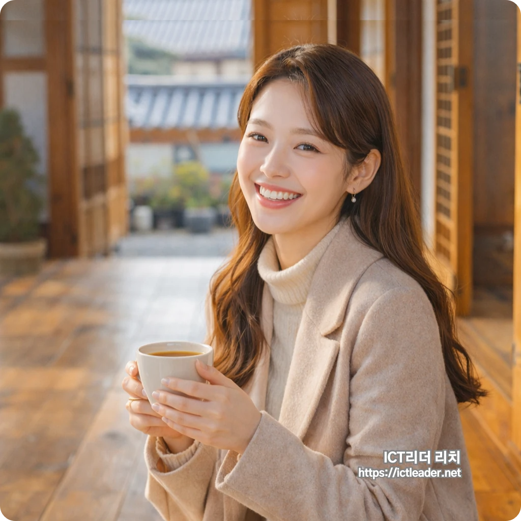 설 명절 서울 당일치기 대표 썸네일 &ndash; 한옥 카페 마루에서 따뜻한 차를 들고 웃는 20대 여성