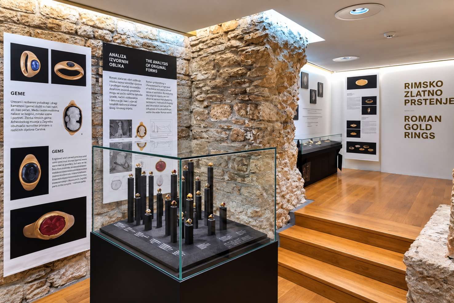 로마시대 황금 반지와 젬을 유리 진열장에 전시한 Roman Gold Rings 특별전 재현