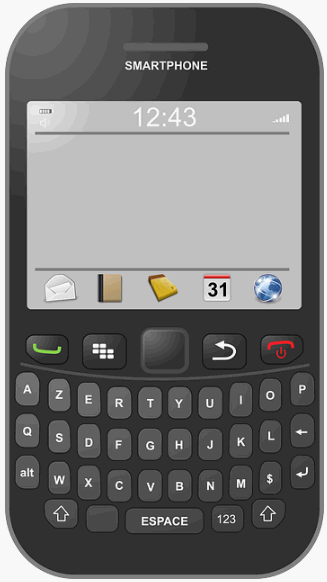 촘촘한 자판이 달린 블랙베리 스타일의 스마트폰을 단순화한 2D 벡터 이미지.