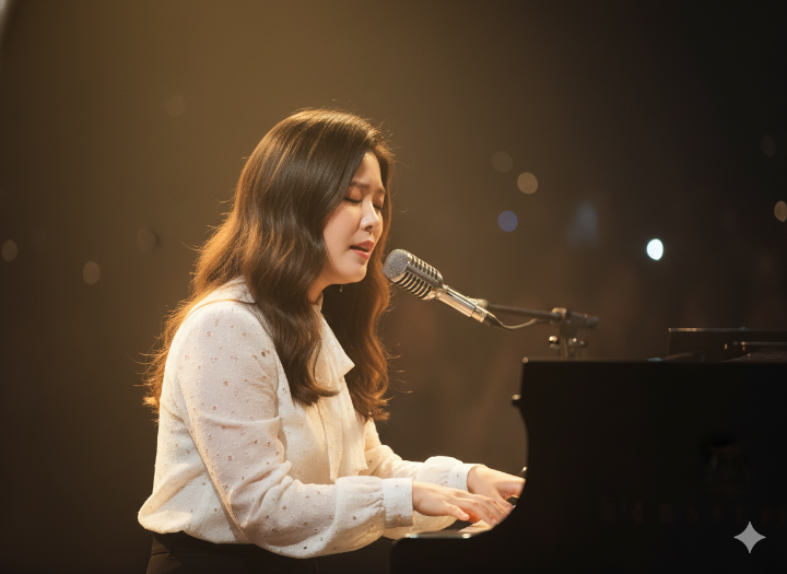 린(LYn)이 피아노 반주에 맞춰 조용히 노래하는 클로즈업 사진
