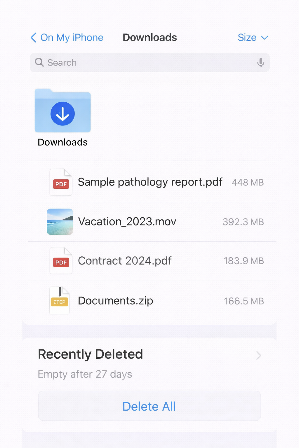 아이폰 파일 앱에서 내 iPhone 다운로드 폴더를 용량 큰 순으로 정렬해 PDF&middot;영상&middot;압축파일이 많이 쌓여 있는 화면