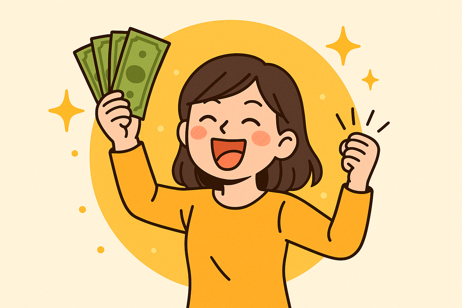 구글 애드센스 첫 수익 달성 후 기뻐하며 환호하는 블로거를 표현한 컬러 만화 스타일 일러스트