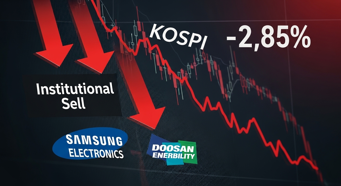 'KOSPI -2.85%'라고 표시된 급락 차트와 '기관 매도' 화살표