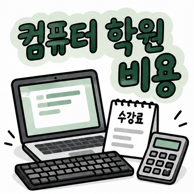 노트북과 키보드, 학원 수강료 아이콘 옆에 컴퓨터 학원 비용이라는 제목이 크게 적힌 대표 썸네일