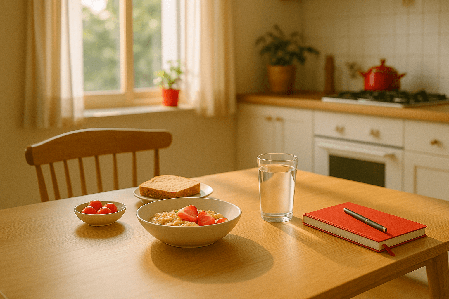아침 햇살이 비치는 주방 식탁 위에 건강한 아침 식사와 물 한 잔, 다이어리가 놓인 &lsquo;하루 한 알 습관&rsquo; 콘셉트 라이프스타일 이미지