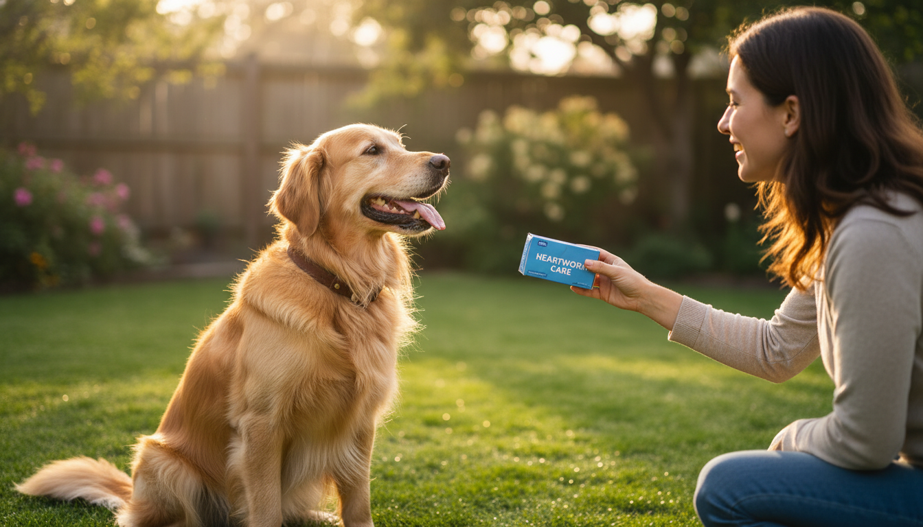 푸른 잔디밭에서 주인이 들고 있는 심장사상충약을 바라보며 행복하게 웃고 있는 골든 리트리버 강아지
