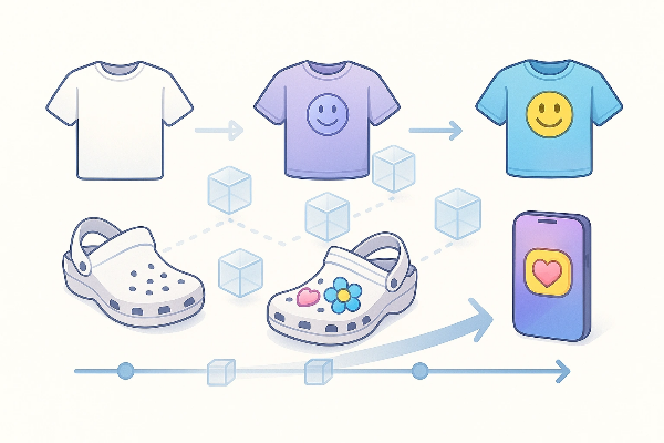 기본 상품에서 다양한 커스터마이징 단계를 거쳐 개성화된 최종 제품으로 발전하는 과정을 티셔츠, 크록스, 스마트폰을 중심으로 좌→우 도식 구조로 표현한 디지털 인포그래픽