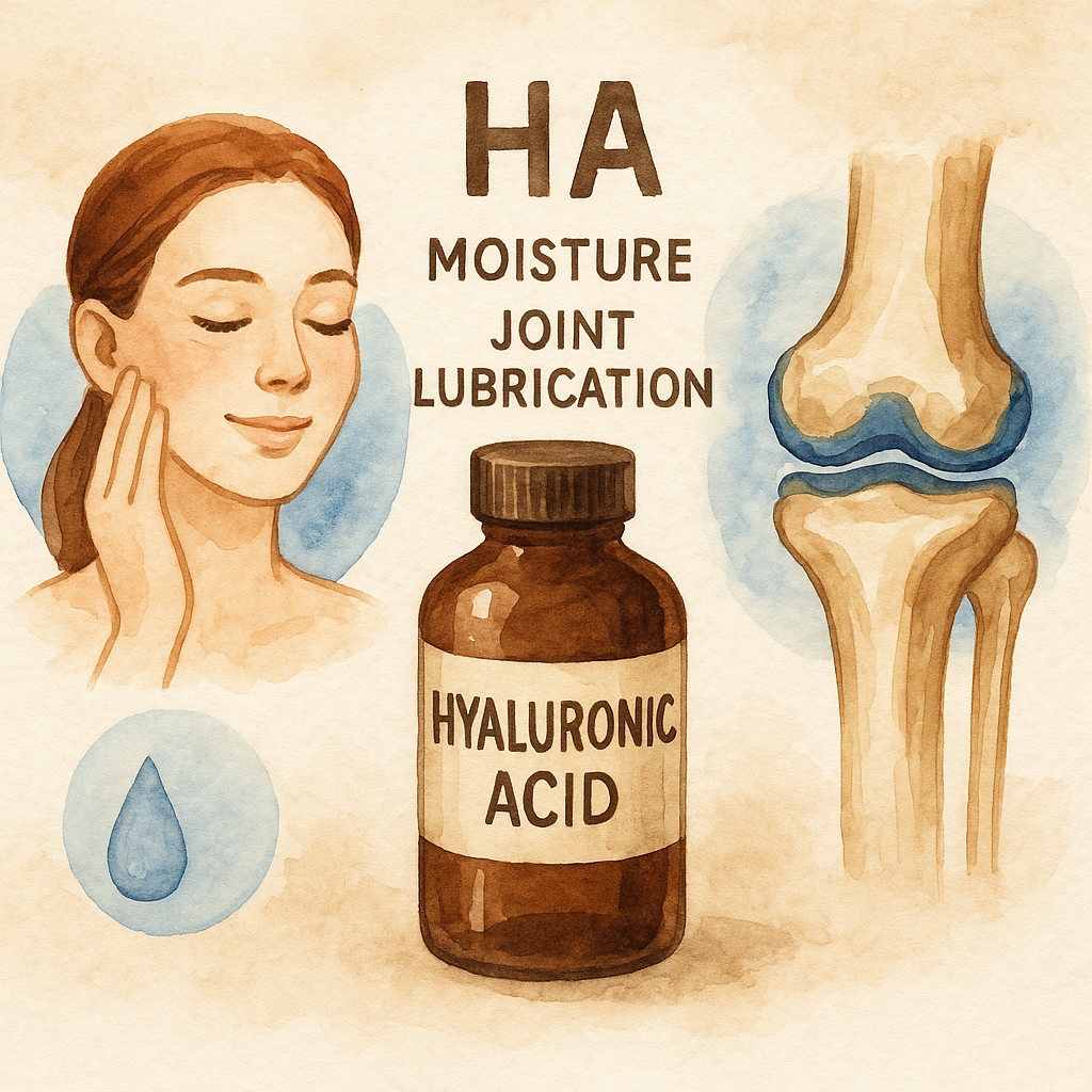 히알루론산 대표적인 촉촉한 피부, 관절 사이의 윤활 기능을 하는 무릎 뼈, 파란색 물방울이 있다.