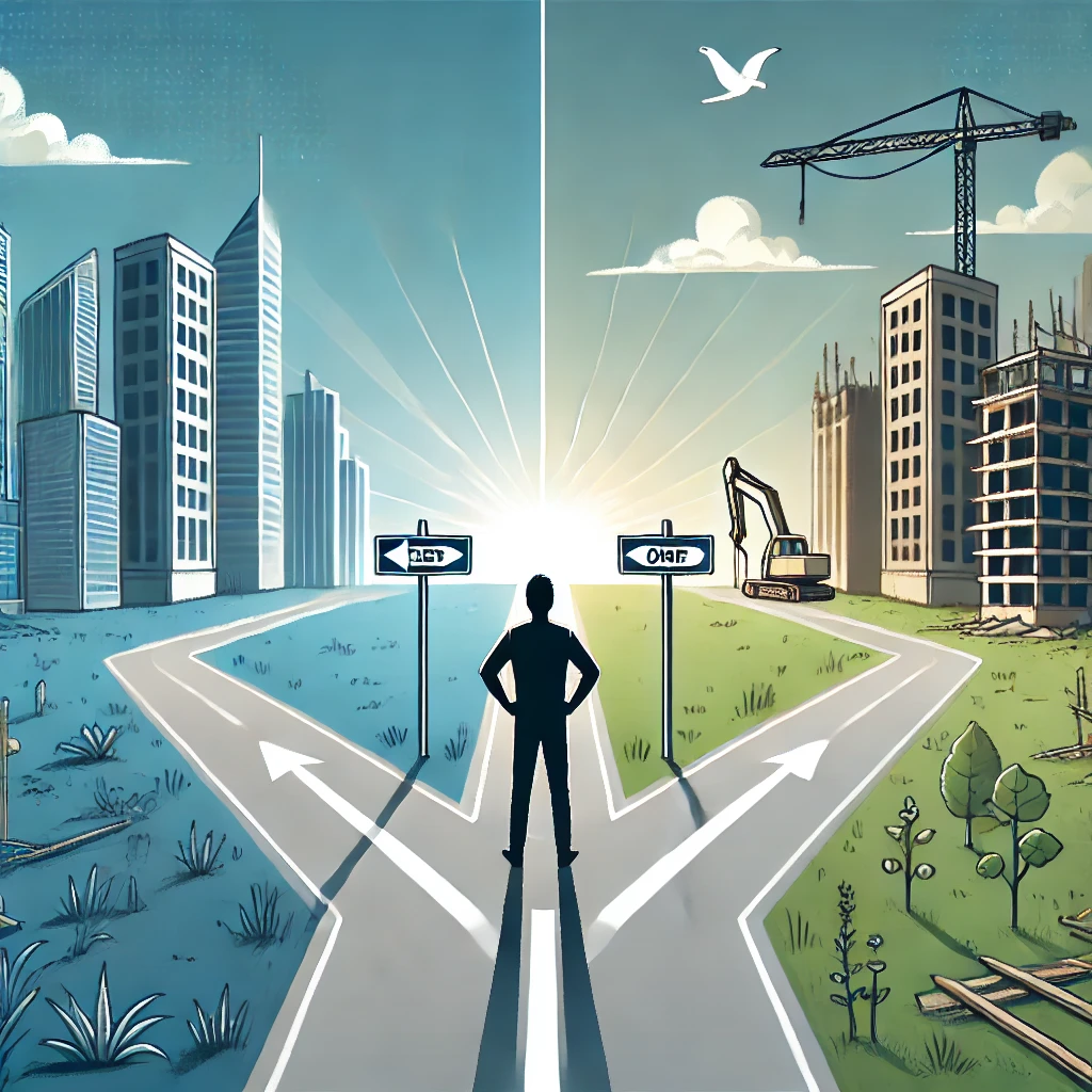 부동산 PF 시장 동향: 도시 성장과 실패한 프로젝트의 갈림길에서 선택을 고민하는 모습.