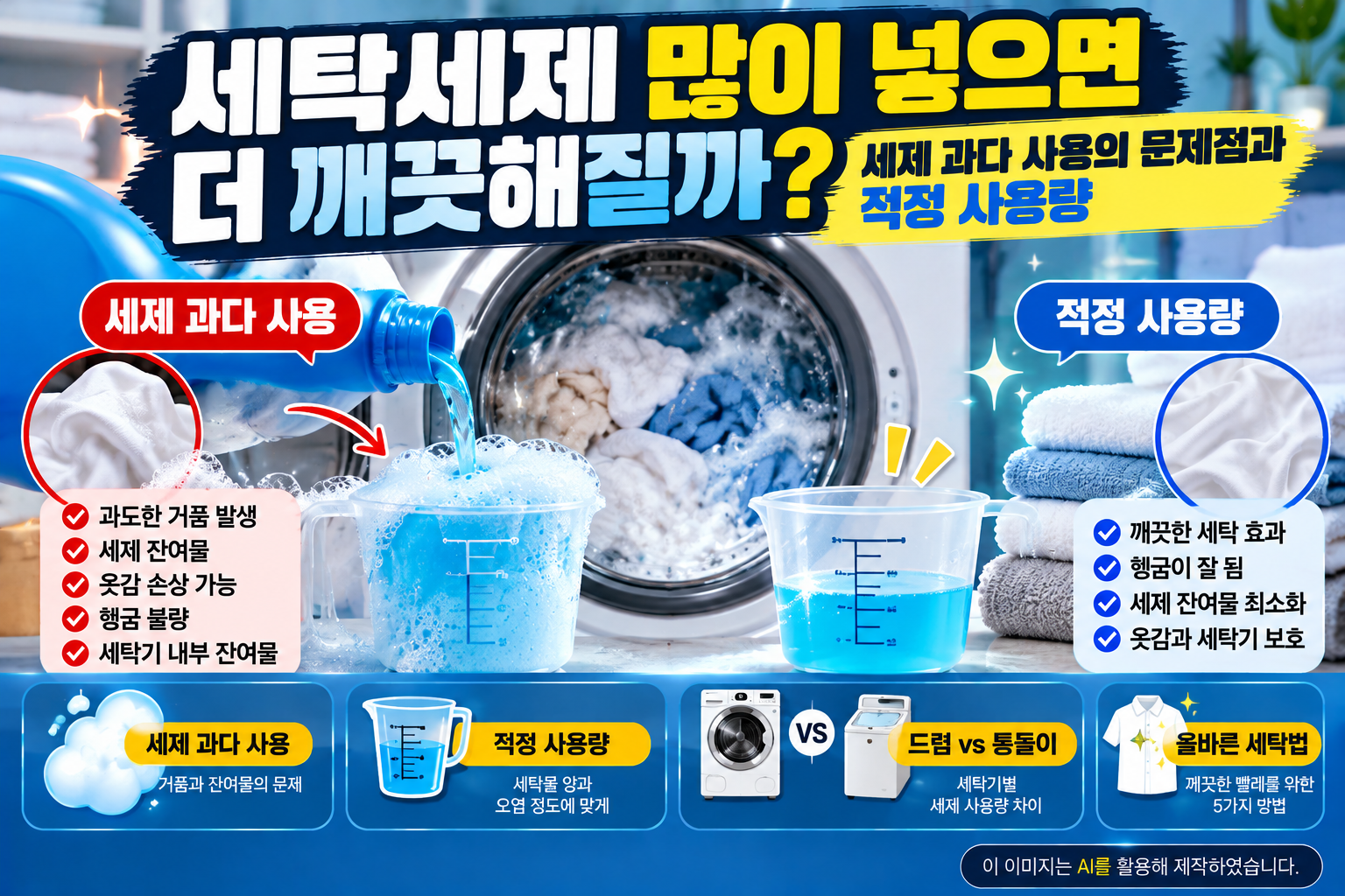 세탁세제 과다 사용으로 발생하는 거품과 잔여물 문제, 드럼세탁기와 통돌이 세탁기의 적정 세제 사용량을 설명하는 이미지