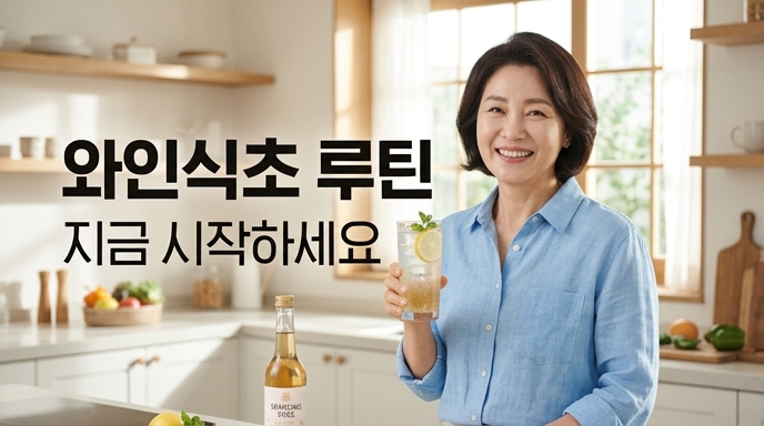 주방에서 와인식초 음료를 들고 밝게 웃는 여성의 모습과 와인식초 루틴 시작을 권장하는 이미지