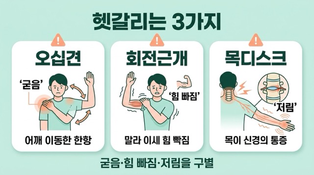 오십견 회전근개 목디스크 차이 어깨 굳음 팔 힘 빠짐 손 저림