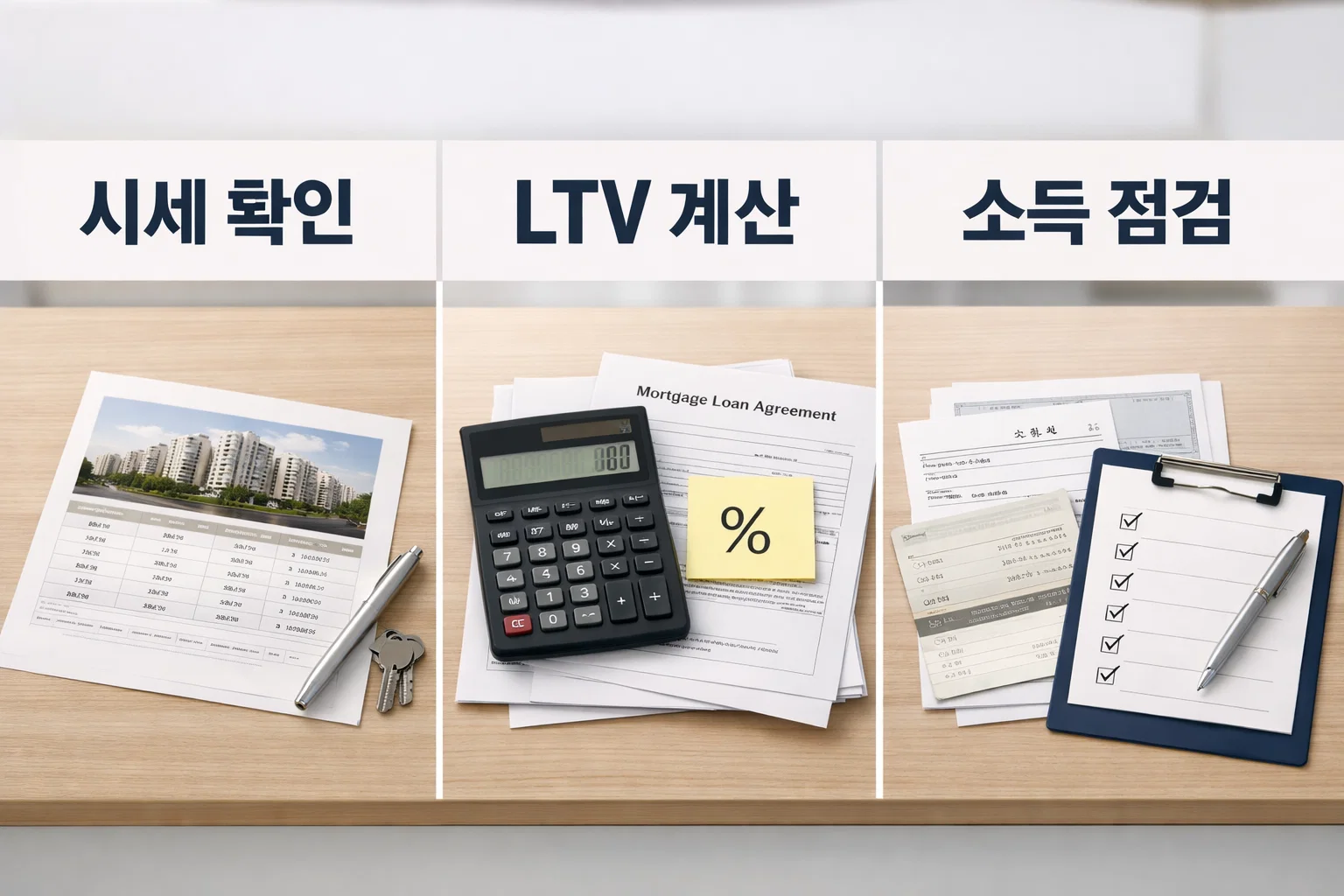 아파트 담보대출 한도를 볼 때 시세 확인과 LTV 계산, 소득 점검처럼 한도 판단 전에 먼저 확인할 항목을 정리한 이미지
