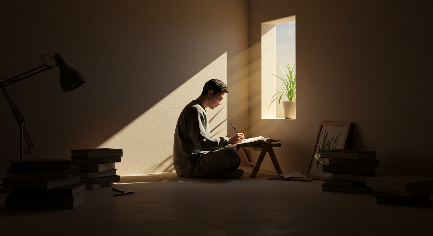 조용히 책상 앞에서 책을 읽거나 작업하는 한 사람의 모습. 부드러운 햇빛이 창문으로 들어와 잔잔히 얼굴과 주변을 비추며, 차분하고 집중된 분위기 속에서 내면의 힘과 꾸준한 노력이 느껴지는 이미지.