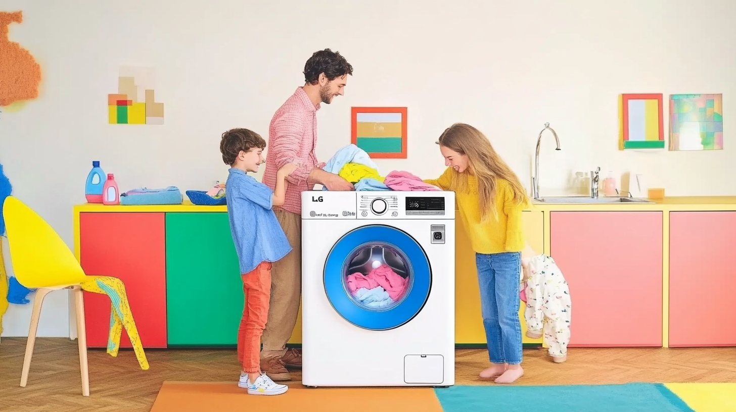 LG 트롬 세탁기를 중심으로 가족이 함께 세탁하는 즐거운 순간, 아름다운 실내 인테리어에서 진행되는 모습