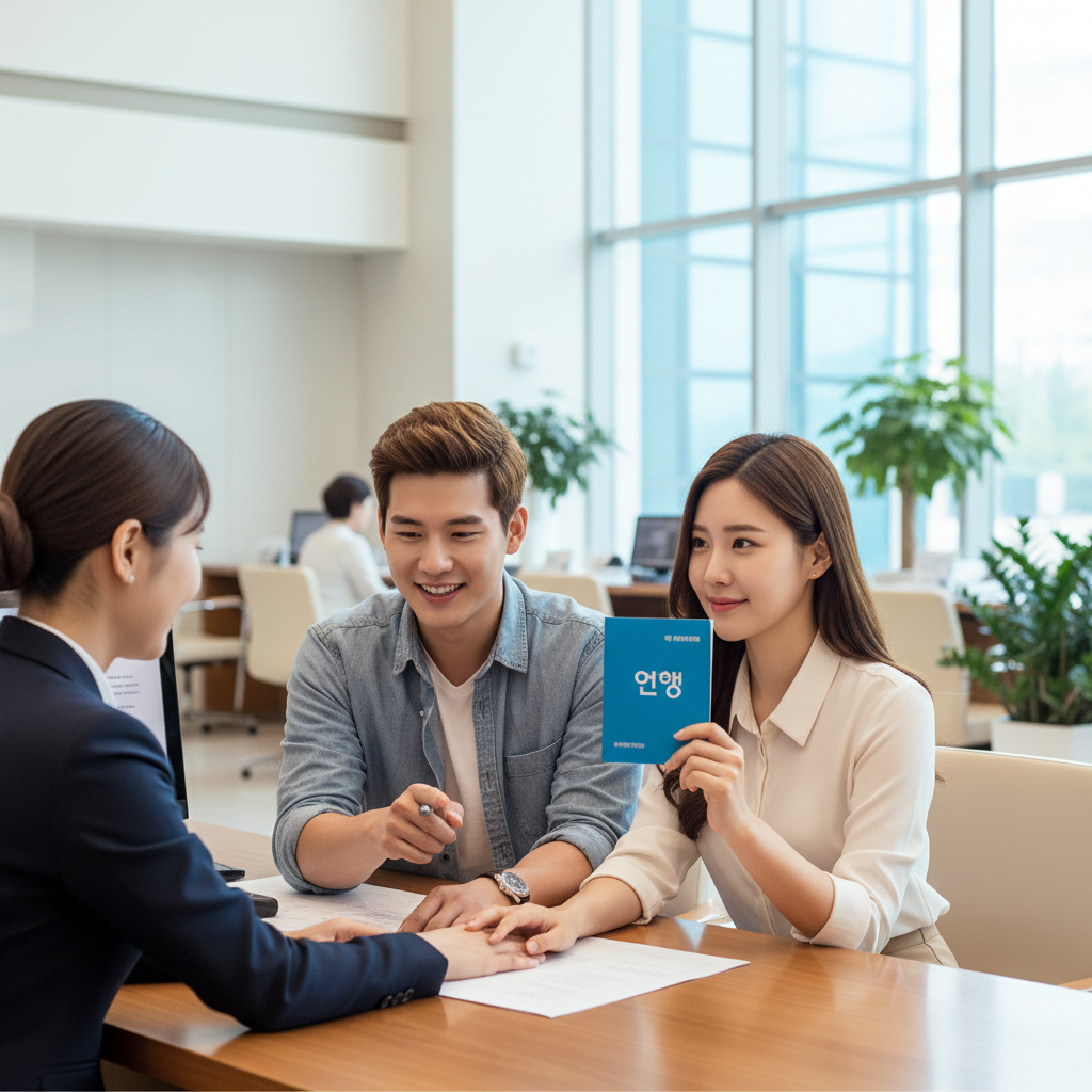은행에서 통장 만드는 남녀