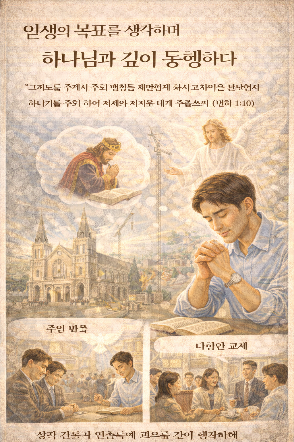대하1:10 말씀을 보며, 솔로몬이 하나님과 동행하며 하나님의 관점에서 영혼을 바라보고, 영혼에 대한 필요가, 그들이 향방없이 살아가는 것에 대한 관점이 있고, 그래서 지혜와 지식으로 영혼을 이끄는 것을 구했을 때 하나님께서 그의 마음에 감동하시는 것을 볼 수 있습니다. 저도 먼저는 하나님과 깊이 동행하기 위한 성전을 건축하는 것을 일생의 목표로 삼는 것을 생각하고, 또한 하나님을 알게 하기 위해 성전에서 하나님을 전하는 영혼들이 풍성히 일어날 것을 전망하며 살아가는 삶이 될 것을 생각할 때 일생의 목표를 생각하며 하나님과 깊이 동행하는 성전 건축과 늘 하나님의 성전으로서 살아간는 시도, 그리고 영혼에 대한 깊은 관심으로 그들의 필요를 채우는 것에 대해 일생의 목표를 가지고 기도하는 모습입니다.