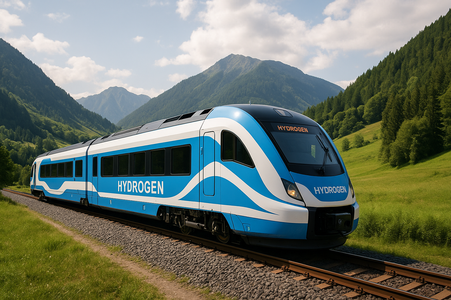수소열차가 푸른 산악 지형을 배경으로 주행하는 장면