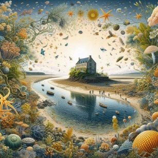 남해안 갯벌에서 서식하는 다양한 해양 생물, 철새, 미생물 등이 어우러진 복합 생태계를 상징하는 이미지