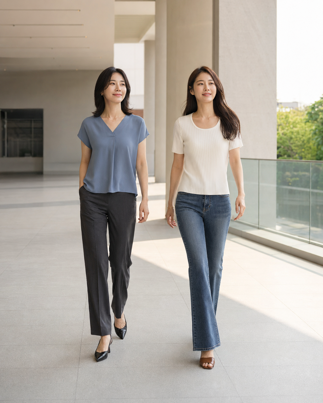 결론부터: 허리선을 없애지 말고 조금 낮춰보세요에서 옷의 길이와 실루엣이 신체 비율에 미치는 포인트를 보여주는 이미지입니다.